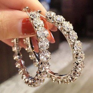 NEW 18K White Gold Round Diamond Hoop Earrings